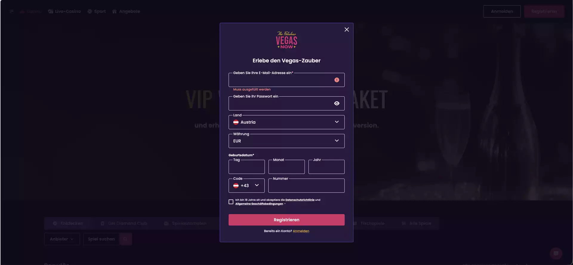 Vegas Now registrierung